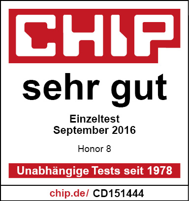 Chip-Logo mit 'sehr gut'-Text, Einzeltest, Honor 8 und Website-Adresse.
