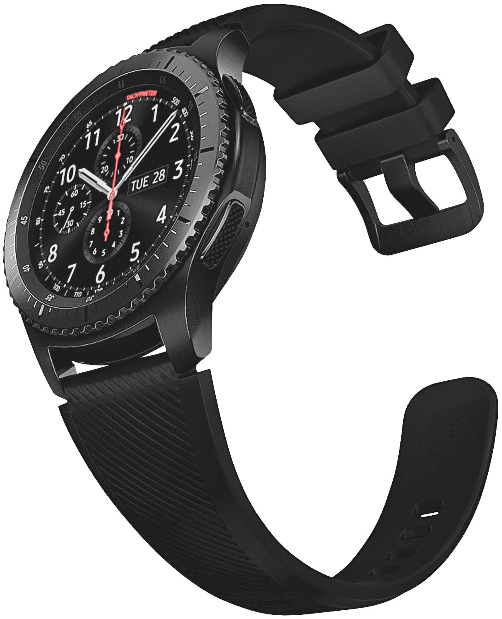 Schwarze Smartwatch mit schwarzem Armband, zeigt Zeit und Datum. Edelstahl-Lünette.