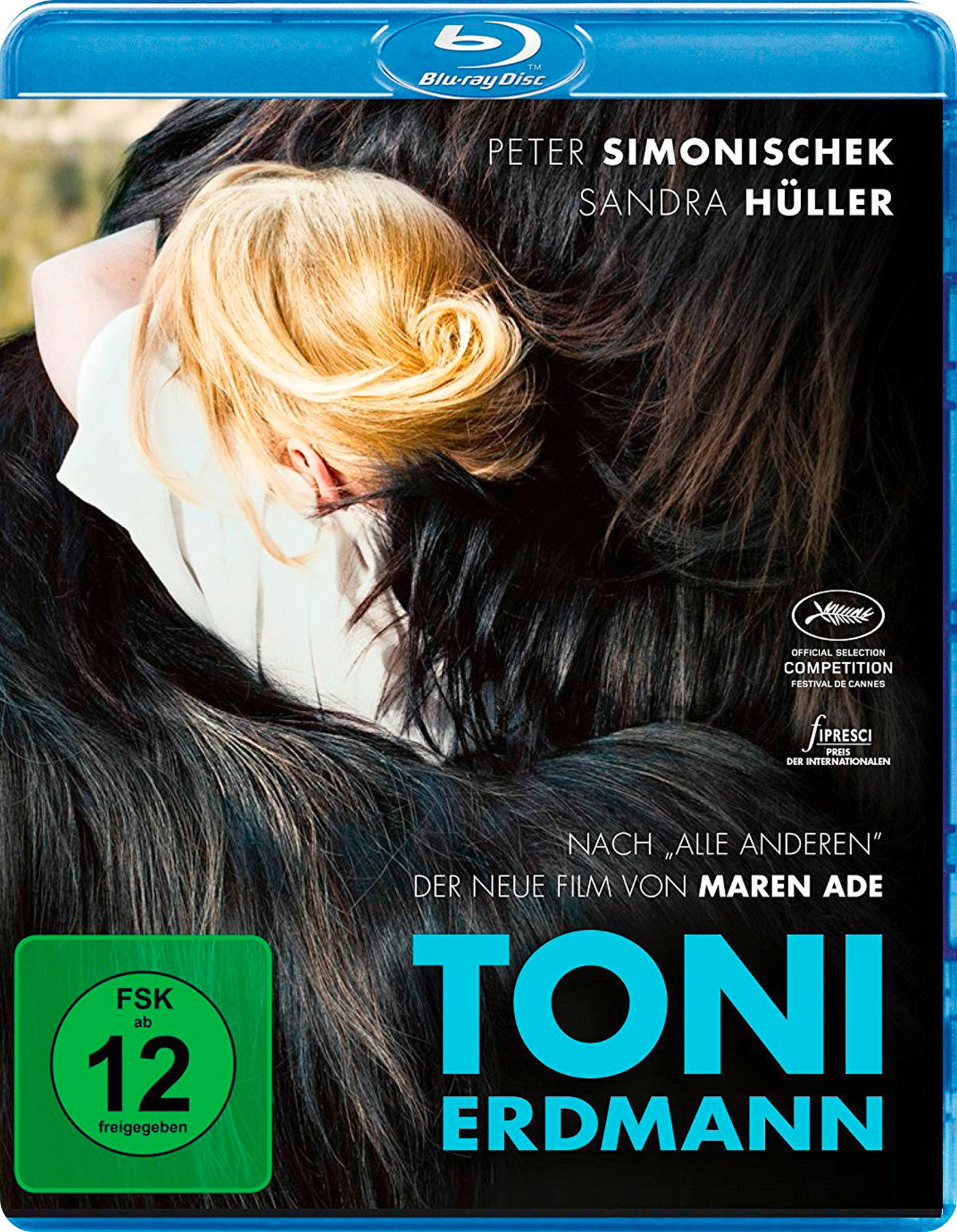 Blu-ray-Cover: Das Gesicht einer Frau liegt an der Brust eines Mannes, mit dem Filmtitel 'Toni Erdmann'.