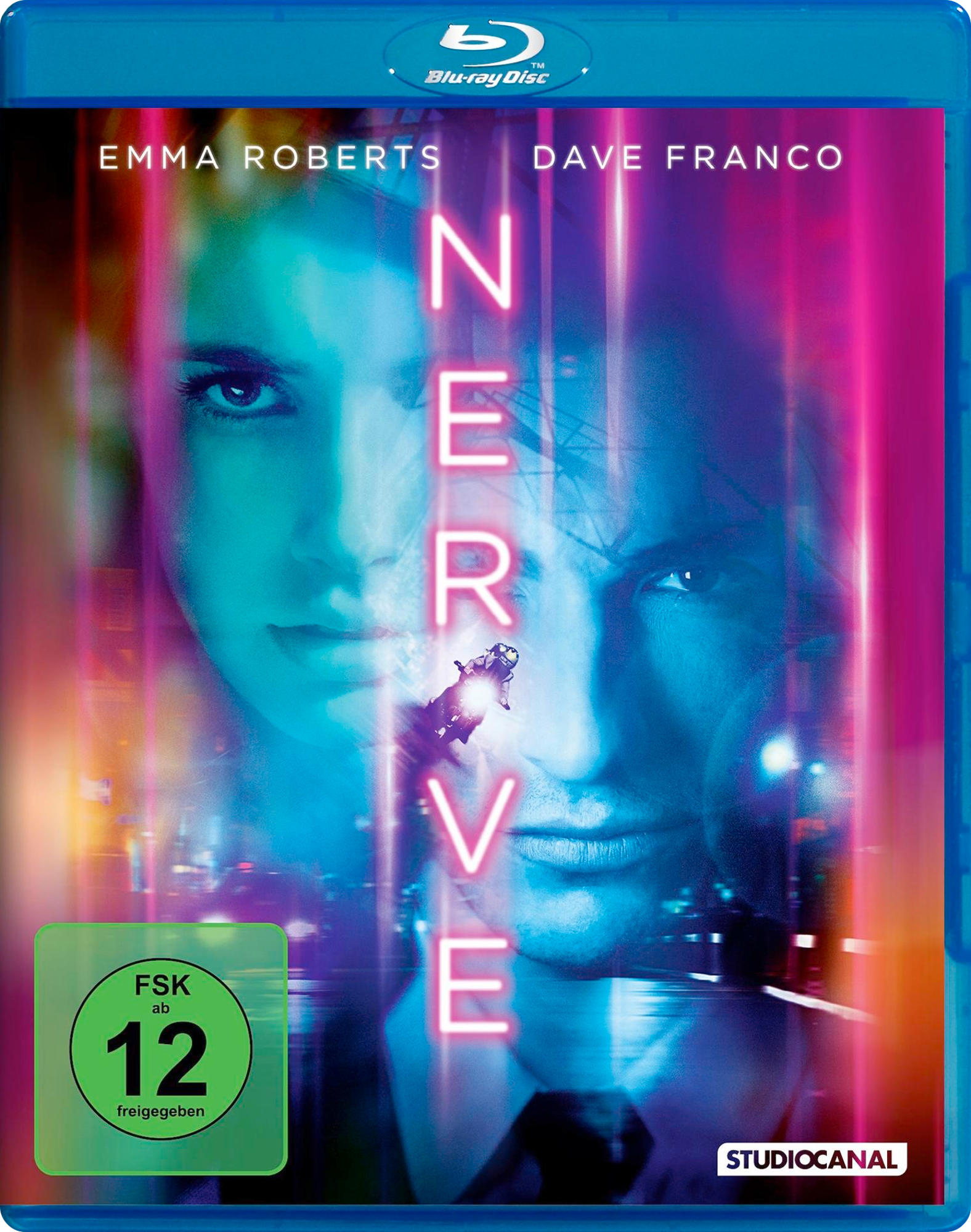 Filmcover mit Emma Roberts und Dave Franco. Titel: Nerve. Blu-ray Disc-Label oben.