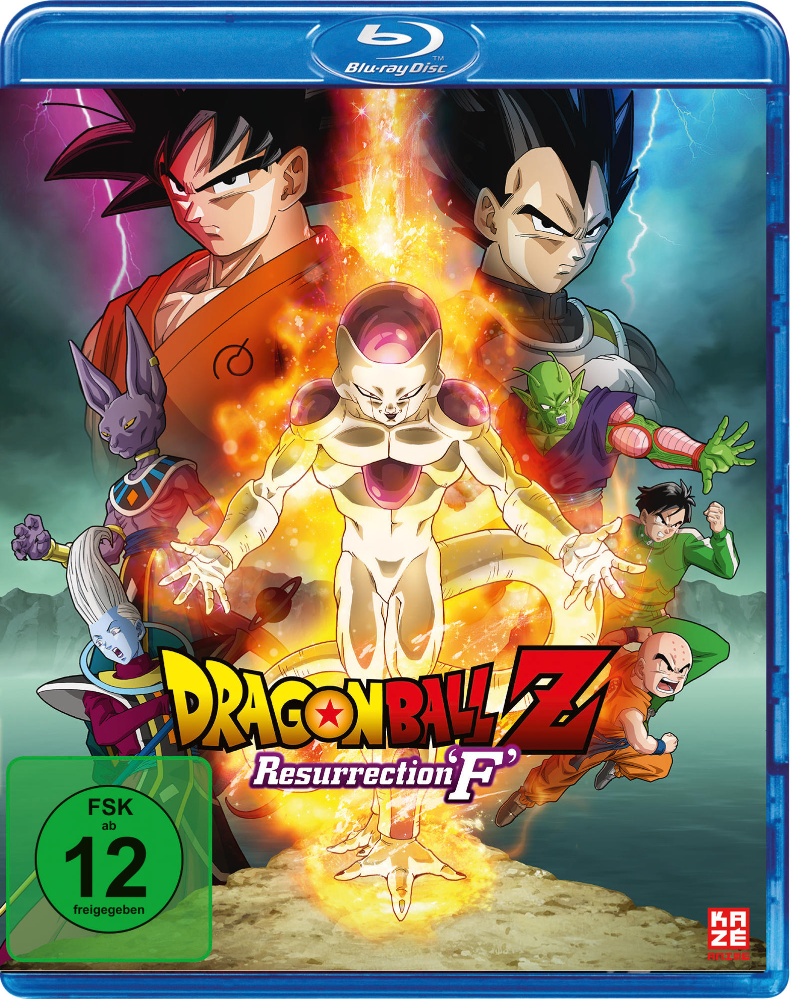 Dragon Ball Z Resurrection 'F' Blu-ray-Cover mit mehreren Charakteren und goldener Aura.