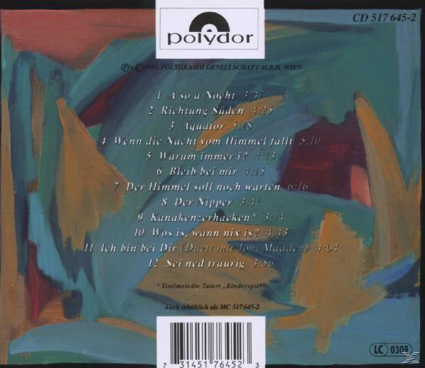 Albumcover mit abstrakter Malerei in Orange- und Blautönen und einer Titelliste.