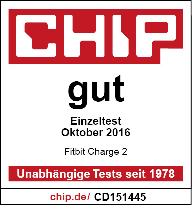 Chip-Logo mit 'gut'-Text, Einzeltest, Fitbit Charge 2 und Website-Adresse.