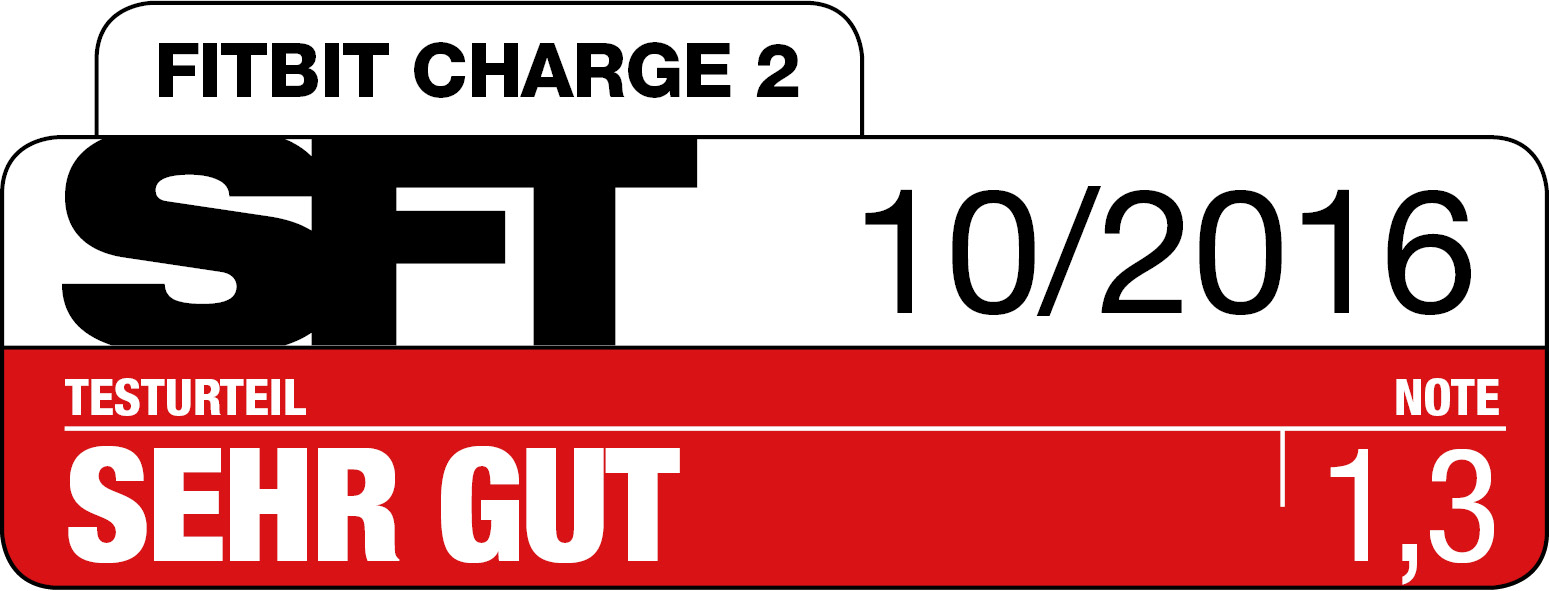 SFT-Logo mit Fitbit Charge 2, 10/2016 und 'Sehr Gut' mit Note 1,3.