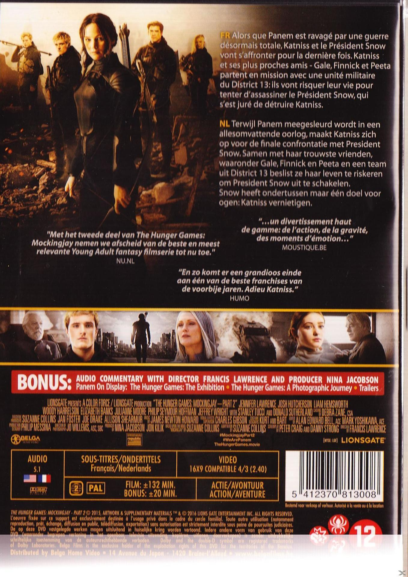 DVD-hoes voor The Hunger Games: Mockingjay - Part 2. Met cast en filmtitels.
