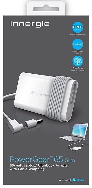 Innergie PowerGear 65 Slim Ladegerät in Verpackung. Weißes Ladegerät und ein graues Kabel.