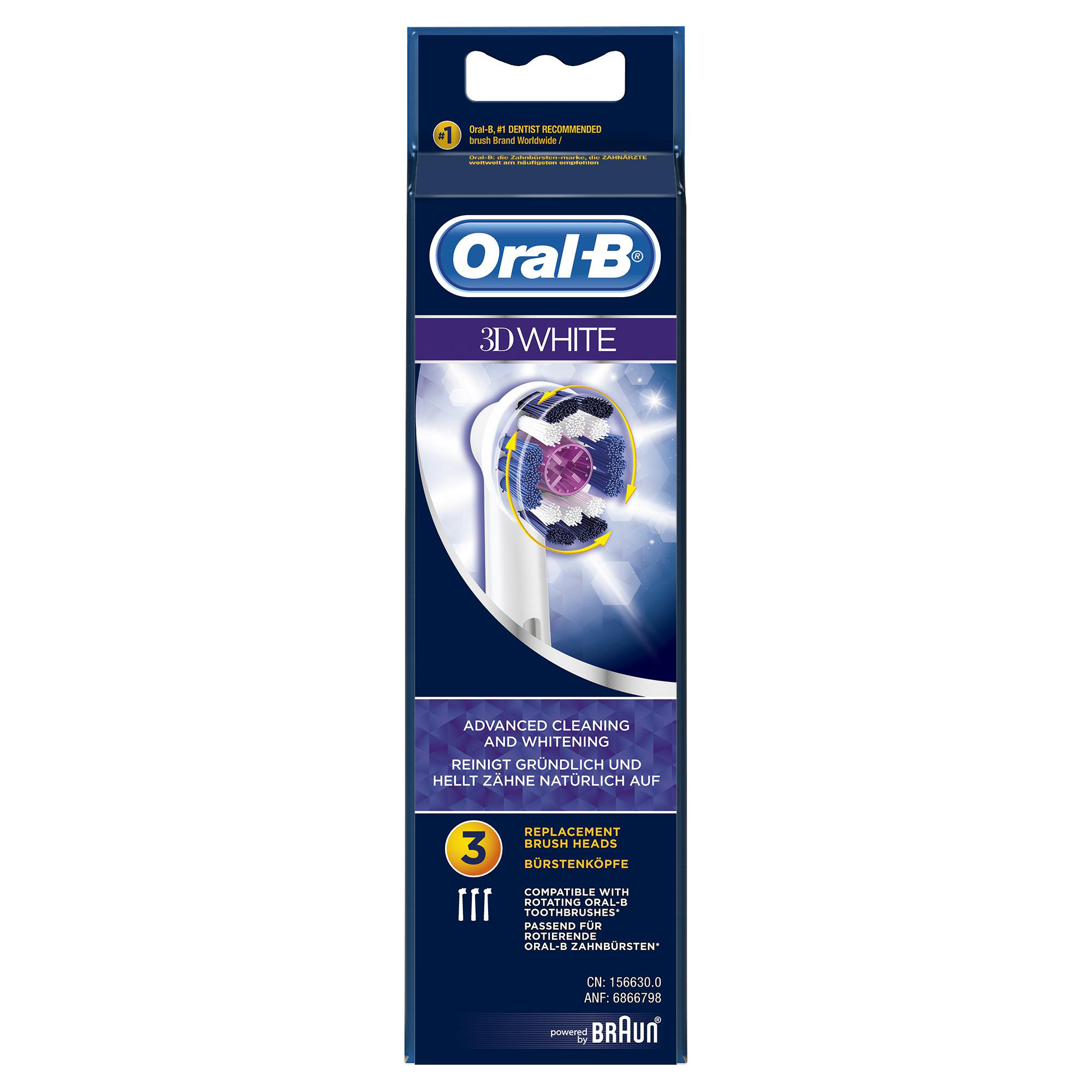 Oral-B 3D White Zahnbürstenkopf-Verpackung. Blaue und weiße Farben, Text sichtbar.