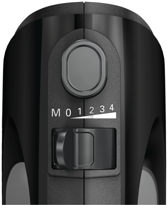Close-up van een zwarte handmixer met een snelheidsregelaar en een aan/uit-knop.