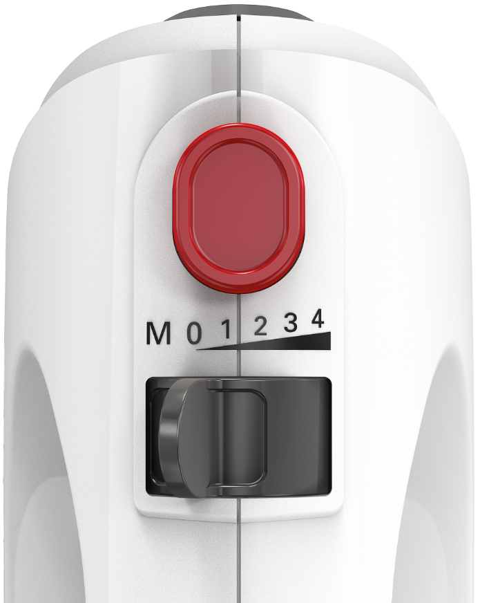 Gros plan d'un appareil blanc avec bouton rouge et cadran.