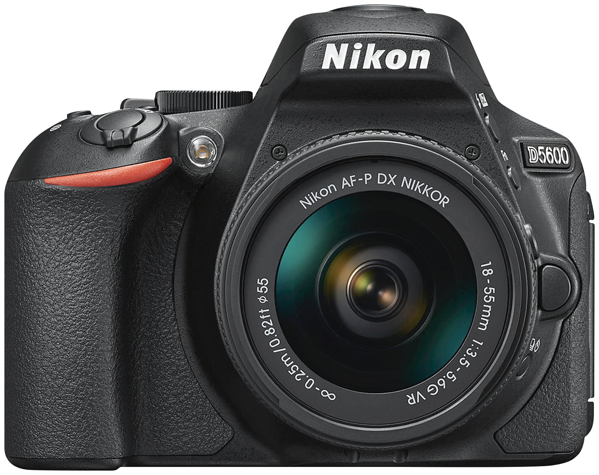 Een zwarte Nikon D5600 camera. Het heeft een lens, knoppen en het Nikon-logo. De lens heeft tekst met AF-P DX NIKKOR.
