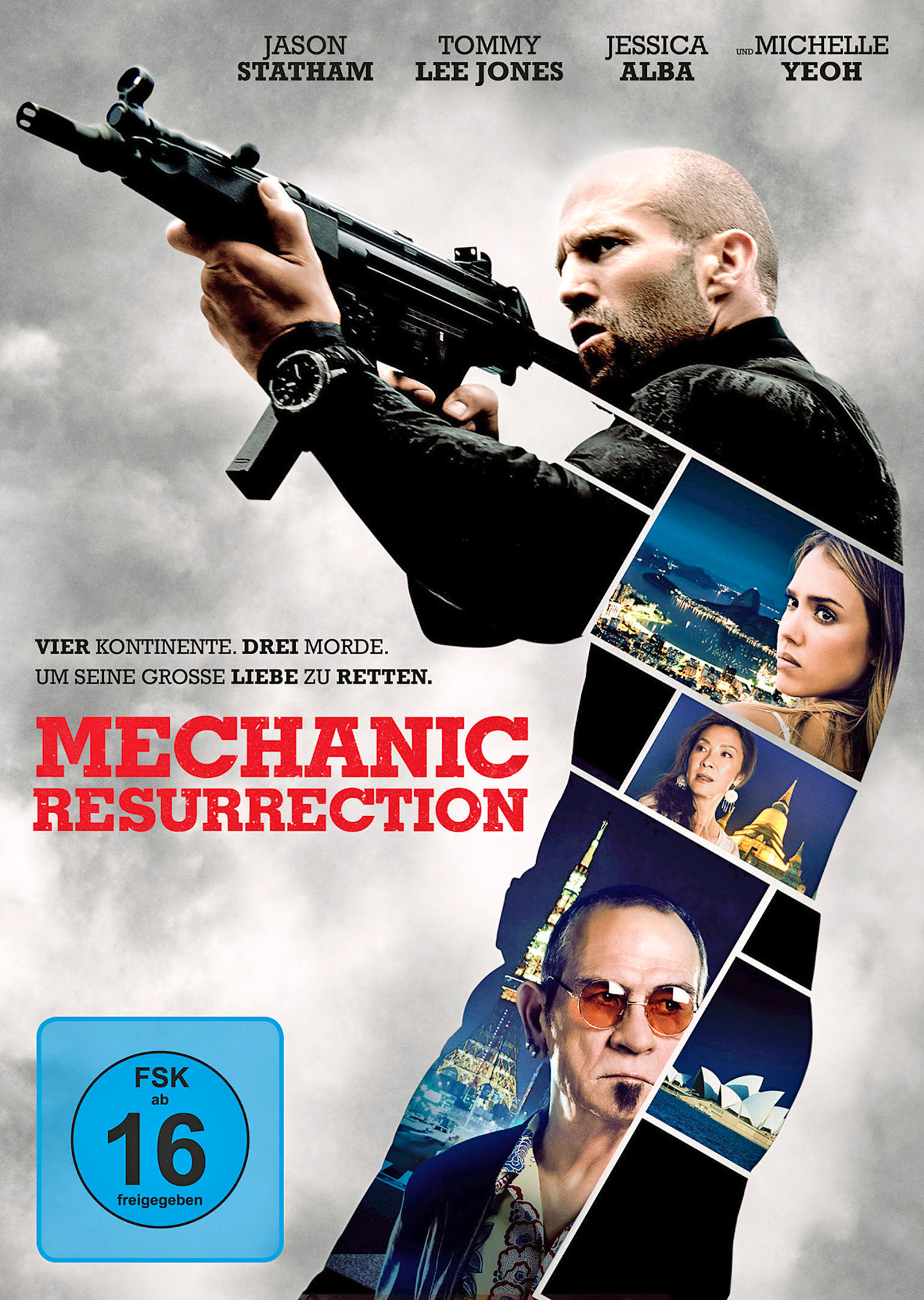 Poster von Mechanic: Resurrection, Jason Statham zielt mit einer Waffe. Zusätzliche Bilder anderer Charaktere sind enthalten.