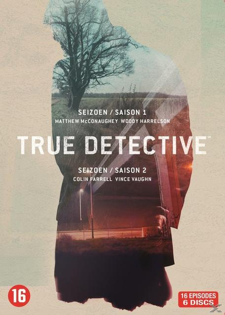 Couverture DVD de 'True Detective'. Silhouette d'homme sur un paysage. Texte : Saison 1, Saison 2. Matthew McConaughey, Woody Harrelson.