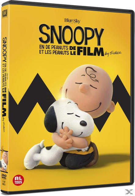 Couverture DVD : Snoopy embrasse Charlie Brown. Fond jaune, motif zigzag noir. Texte en français.