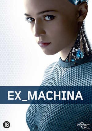 Filmposter voor 'Ex Machina'. Toont een vrouw met robotachtige details. De titel staat in een blauwe balk.