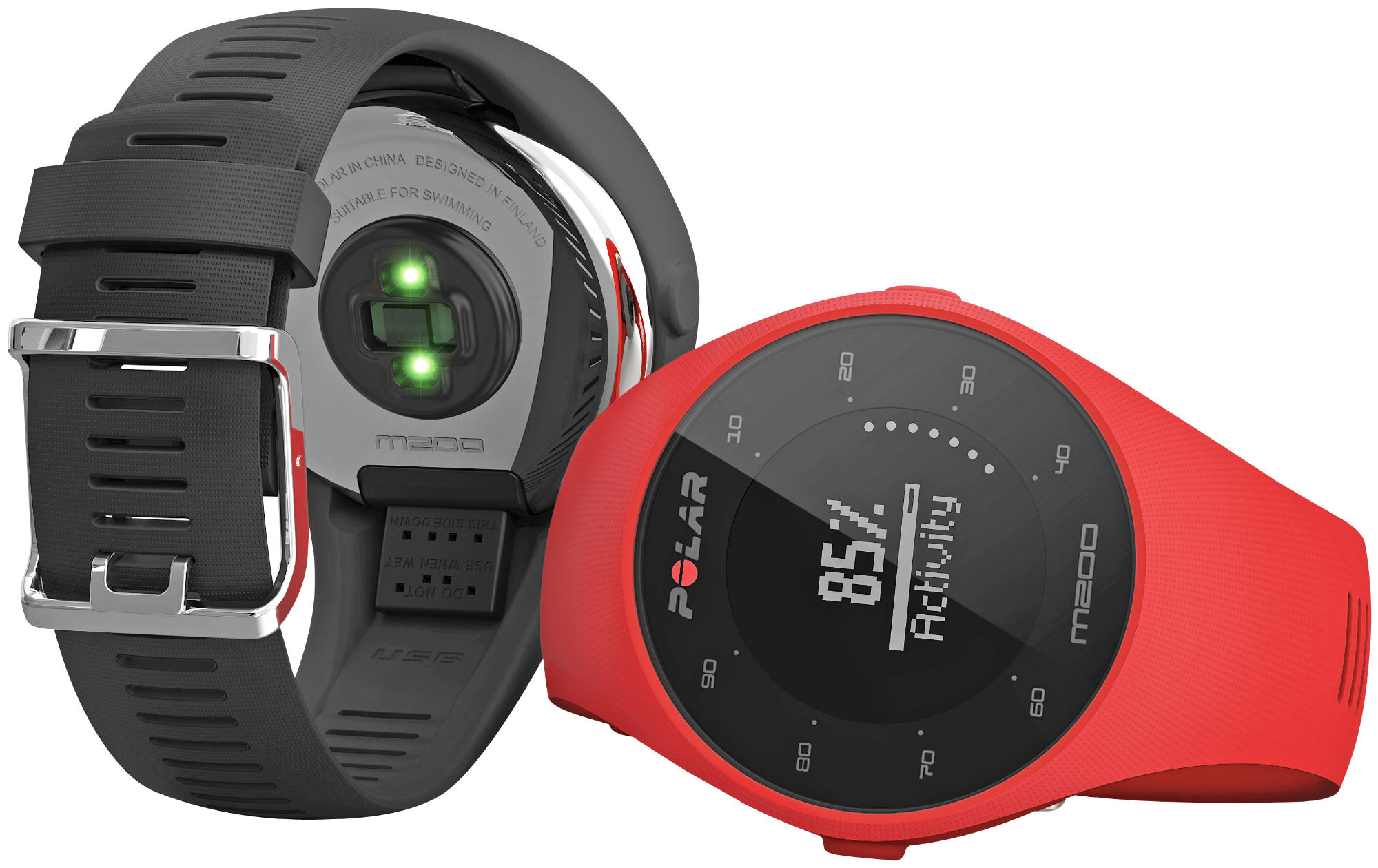 Zwei Sportuhren, eine rote mit Display und eine schwarze, die die Rückseite einer Uhr zeigt.