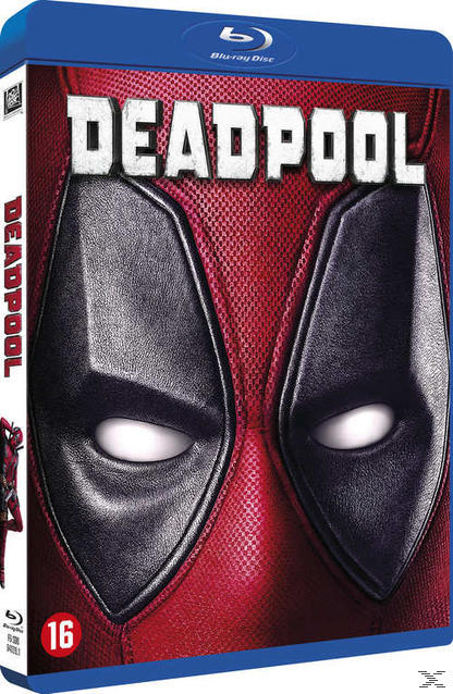 Couverture Blu-ray de Deadpool. Gros plan rouge et noir du masque de Deadpool. Classification 16.