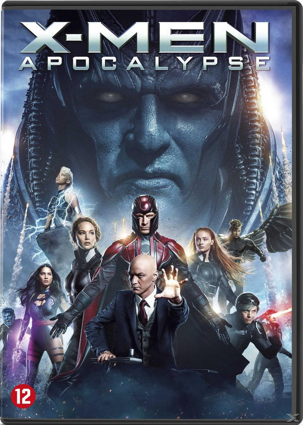 X-Men Apocalypse filmcover. Met veel personages, Magneto, Professor X en Apocalypse. Blauwe en donkere tinten.