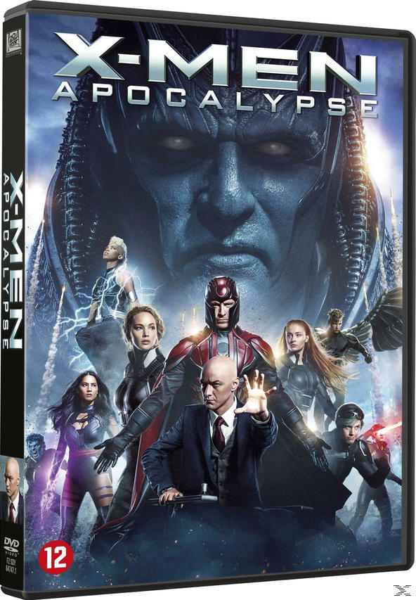 DVD-hoes voor X-Men Apocalypse. Bevat verschillende X-Men-personages en Apocalypse op de achtergrond.