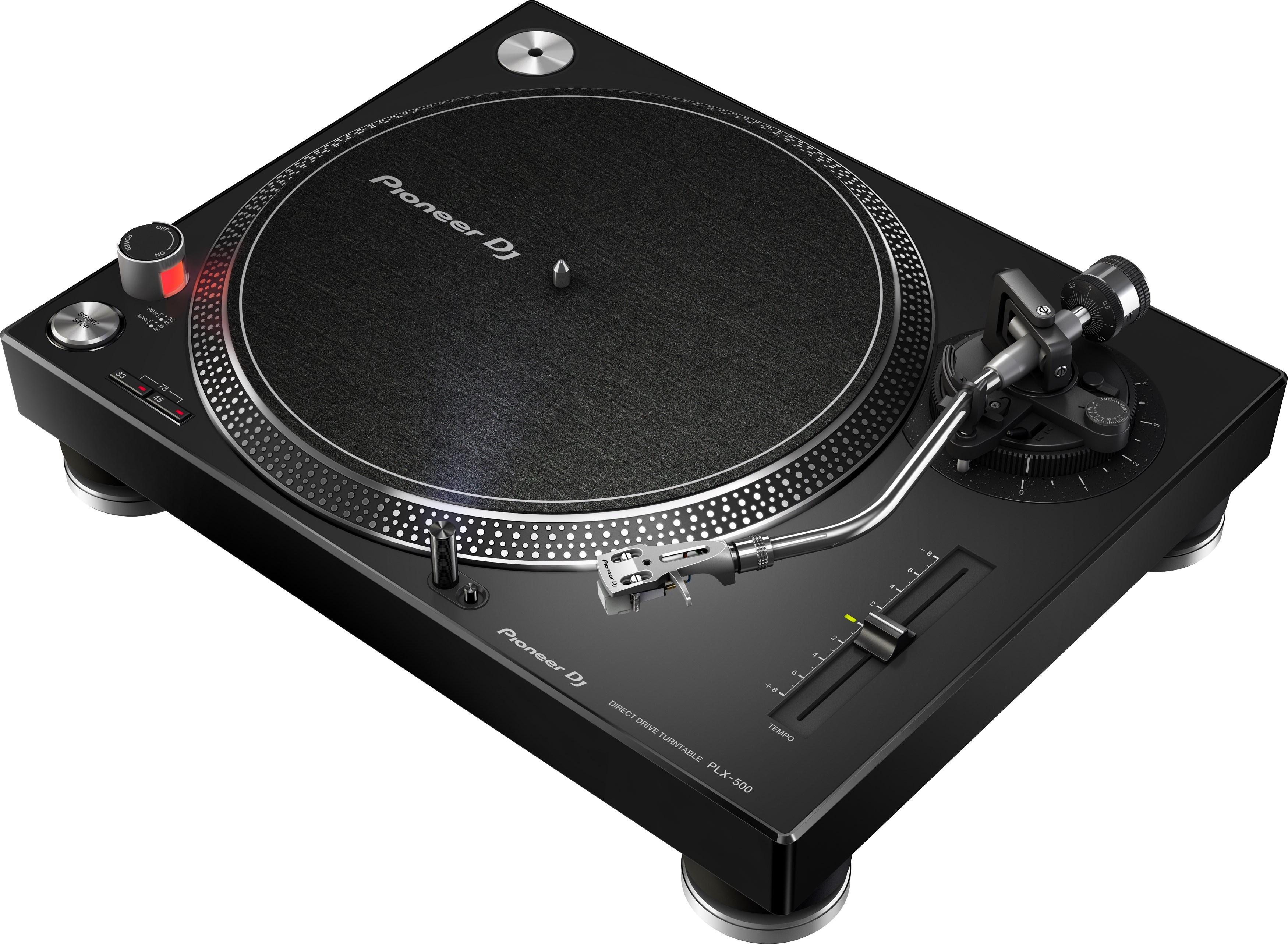A black Pioneer DJ turntable. It has a rotating plate, a tonearm, and buttons.
