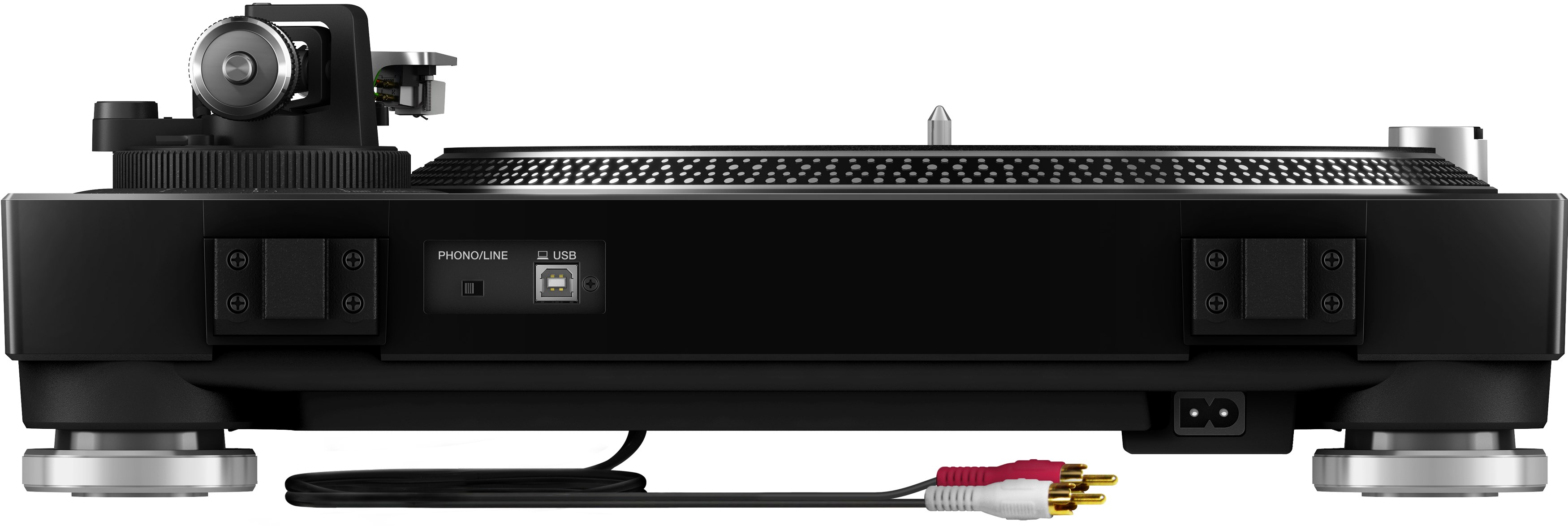 Black turntable with silver details, showing the back with ports and power connection.