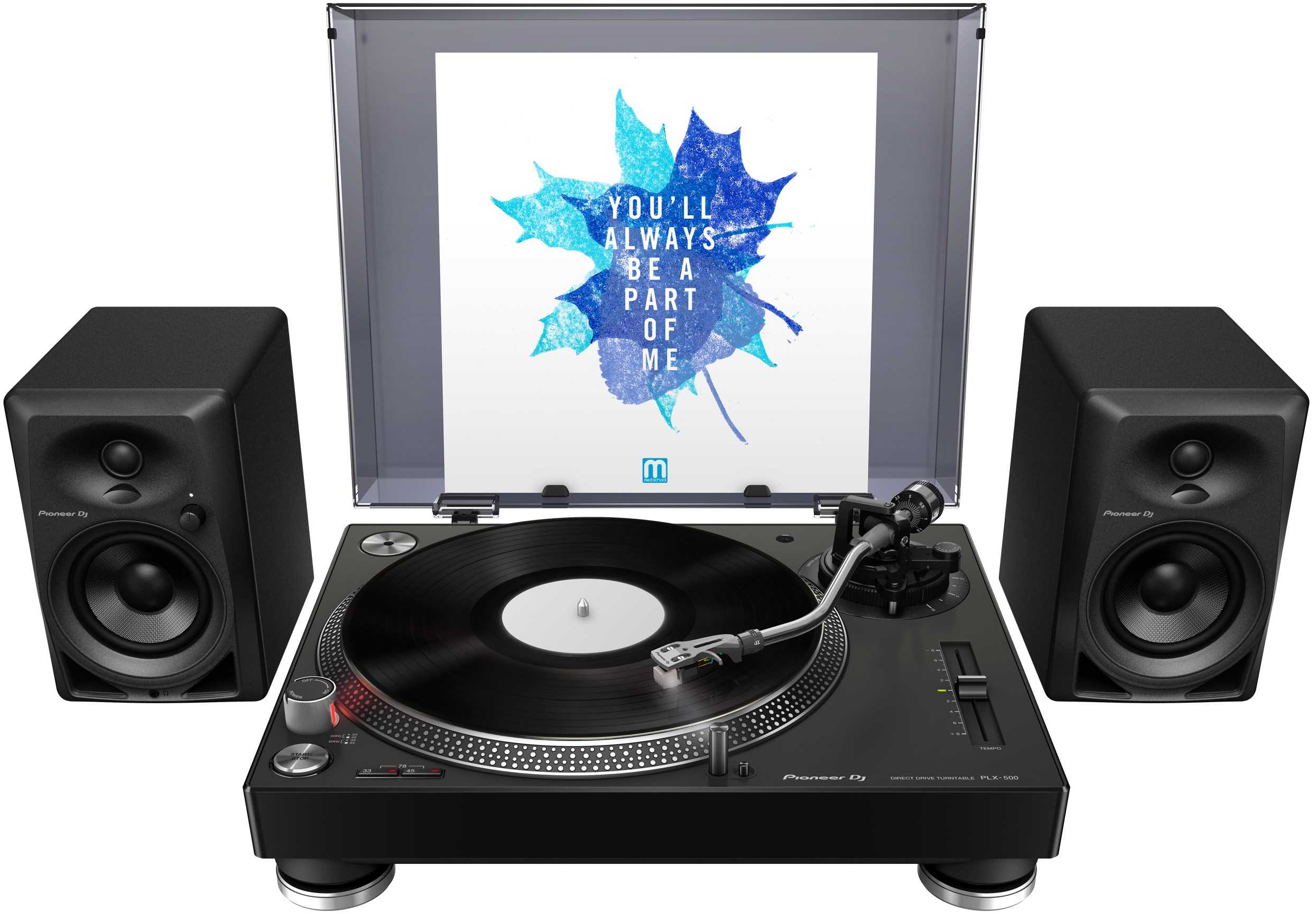 Turntable with two black speakers. The turntable has a record playing on it. The background is white.