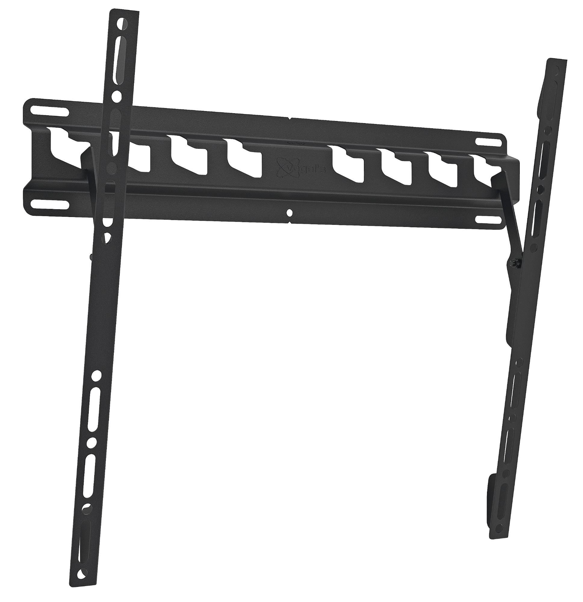 Czarny uchwyt ścienny do telewizora z pionowymi i poziomymi szynami montażowymi oraz logo w kształcie litery X.