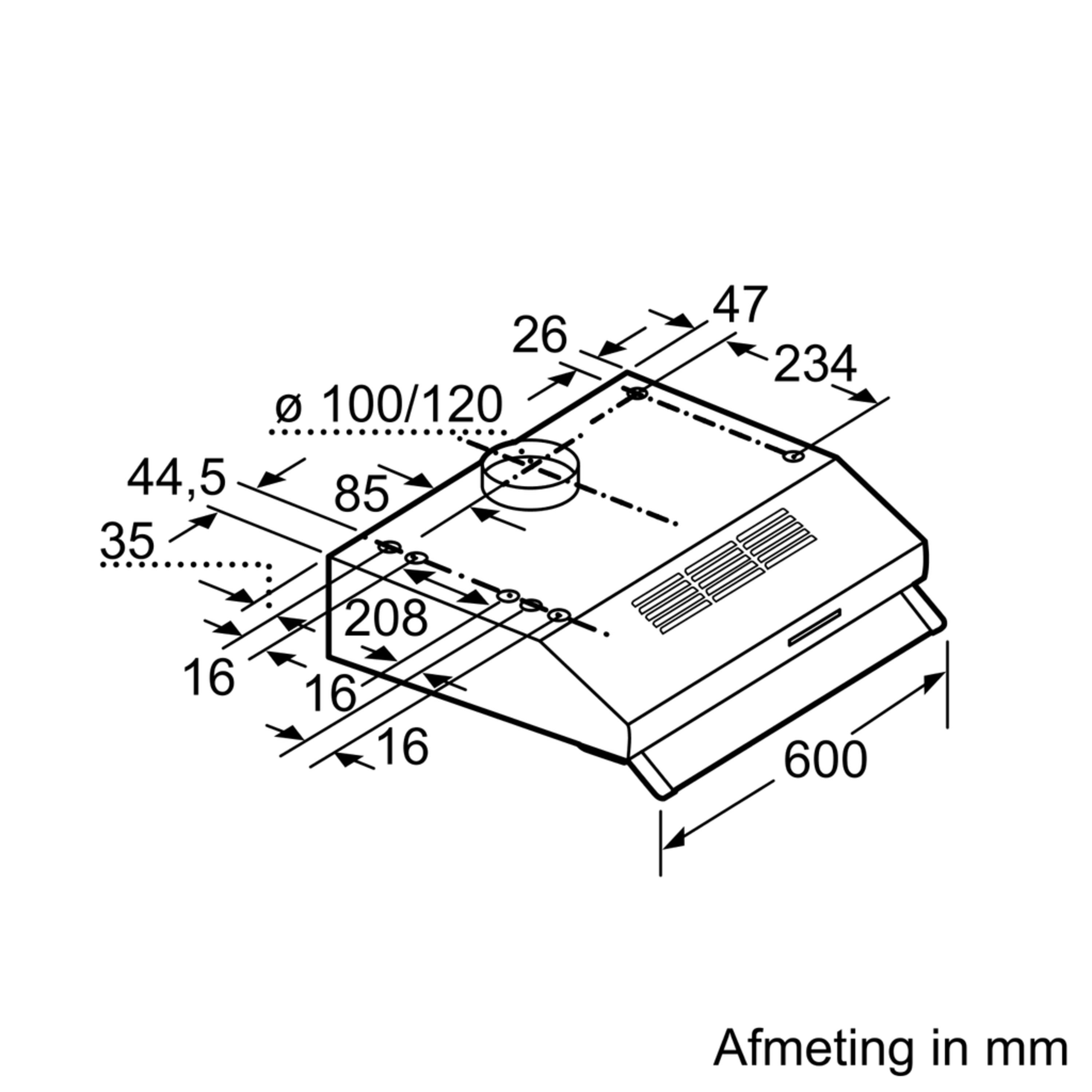 Technical drawing of a kitchen hood with measurements in mm. Top view, white background.