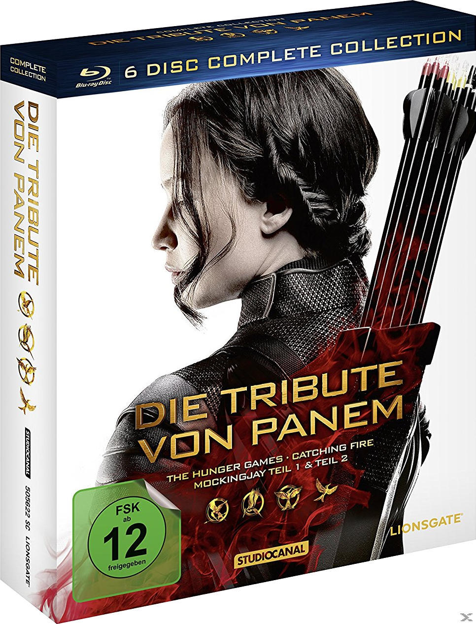 Die Tribute von Panem DVD-Cover mit einer Frau mit Pfeilen.
