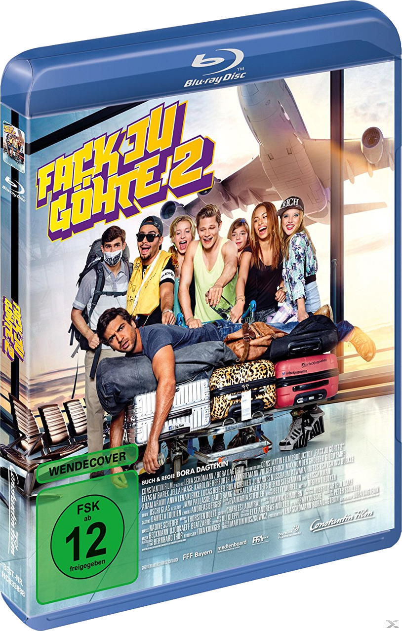 Blu-ray-Hülle. Eine Gruppe von Leuten steht vor einer Flughafenszene. Der Titel lautet Fack Ju Göhte 2.
