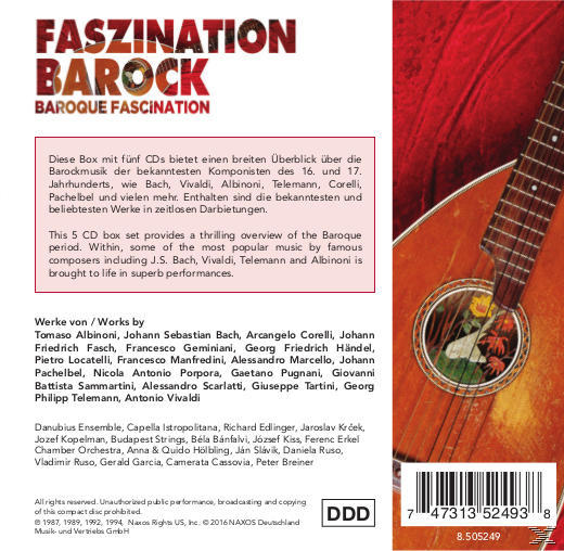 Ein 5-CD-Box-Set mit dem Titel "Faszination Barock", auf dem eine Gitarre abgebildet ist.
