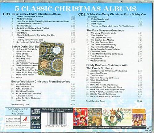 CD-Rückseite, 5 Classic Christmas Albums, Titelliste, Musik, Weihnachten, Vintage-Design.