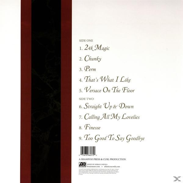 Album-Rückseite mit Titelliste von Songs von Bruno Mars in weißem Text auf weißem Hintergrund.