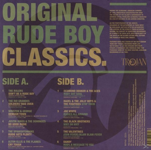 Albumcover mit Text und einer Titelliste auf lila Hintergrund, mit Trojan Records Logo.