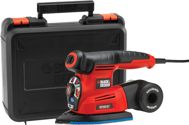 Black and Decker csiszoló és tok. A csiszoló piros és fekete, a tok fekete.