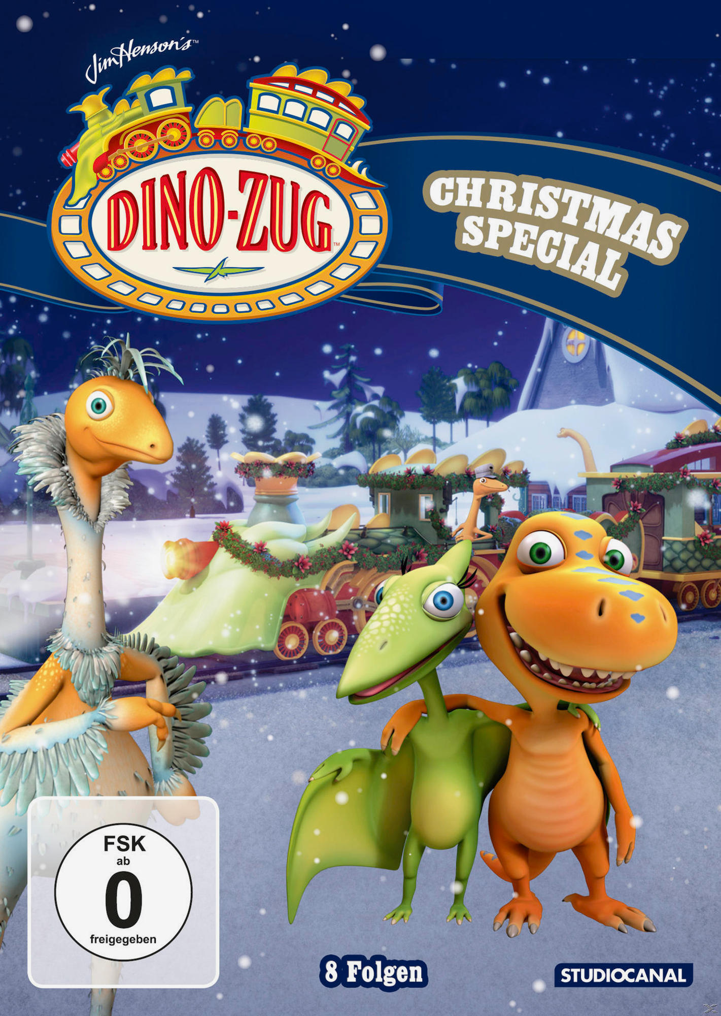 DVD-Cover: Cartoon-Dinosaurier. Titel: Dino-Zug Christmas Special. Deutscher Text.