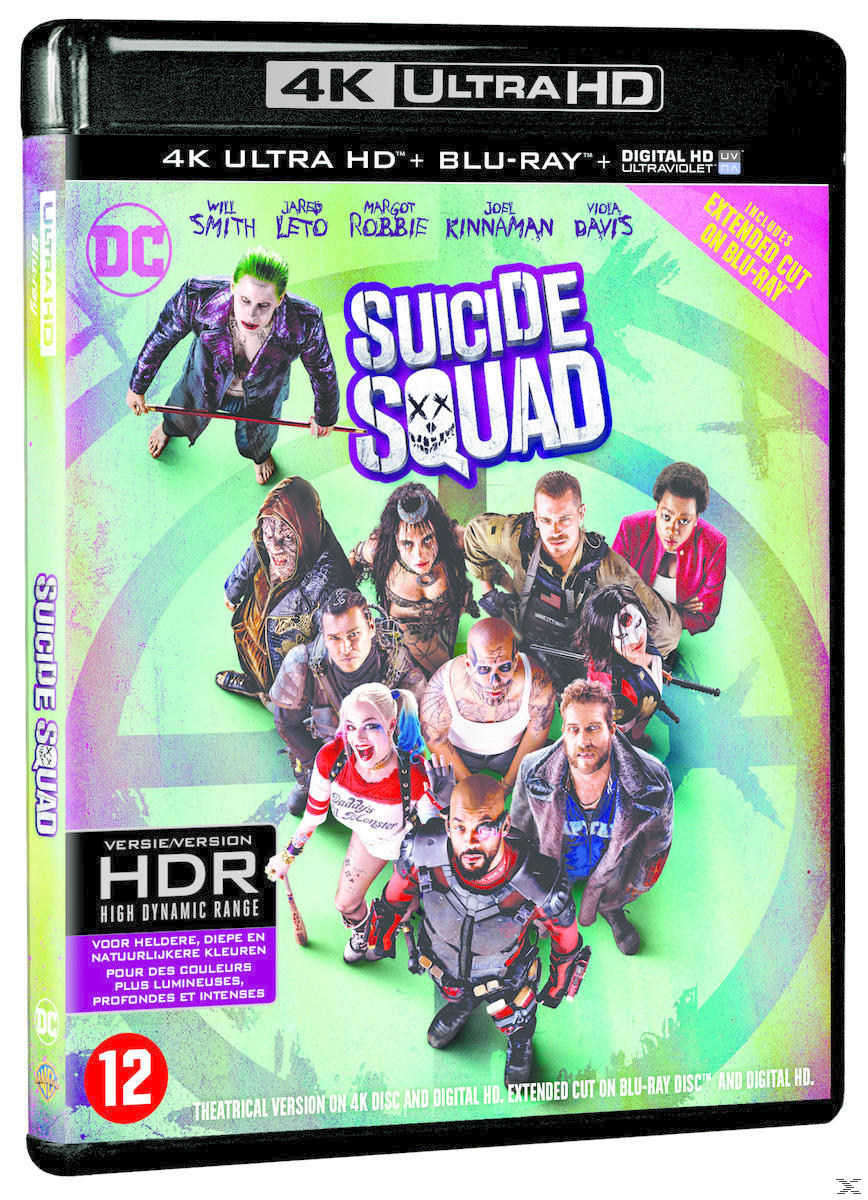 La face avant d'un boîtier Blu-ray Suicide Squad, avec des images de personnages et du texte.