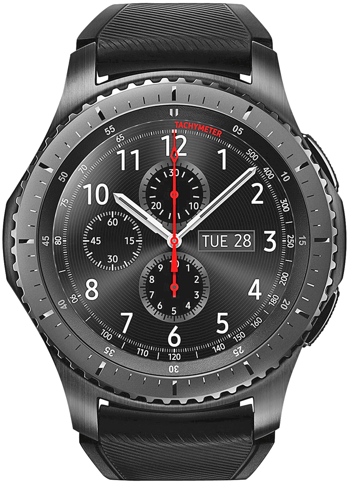 Un reloj inteligente negro con esfera circular, que muestra la hora y la fecha, correa de metal.