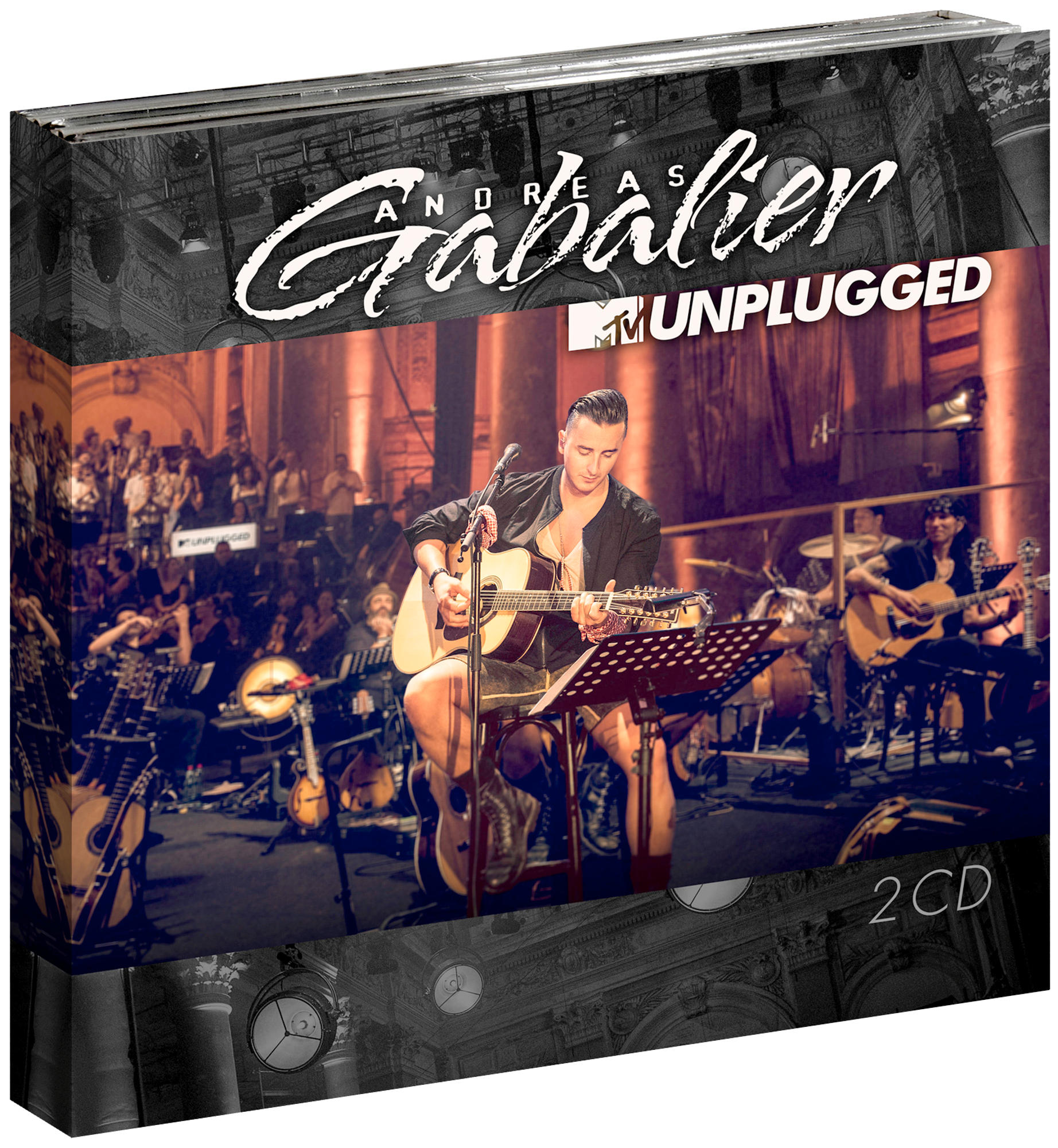 Ein CD-Cover von Andreas Gabalier Unplugged mit einem Live-Performance-Foto im Inneren.