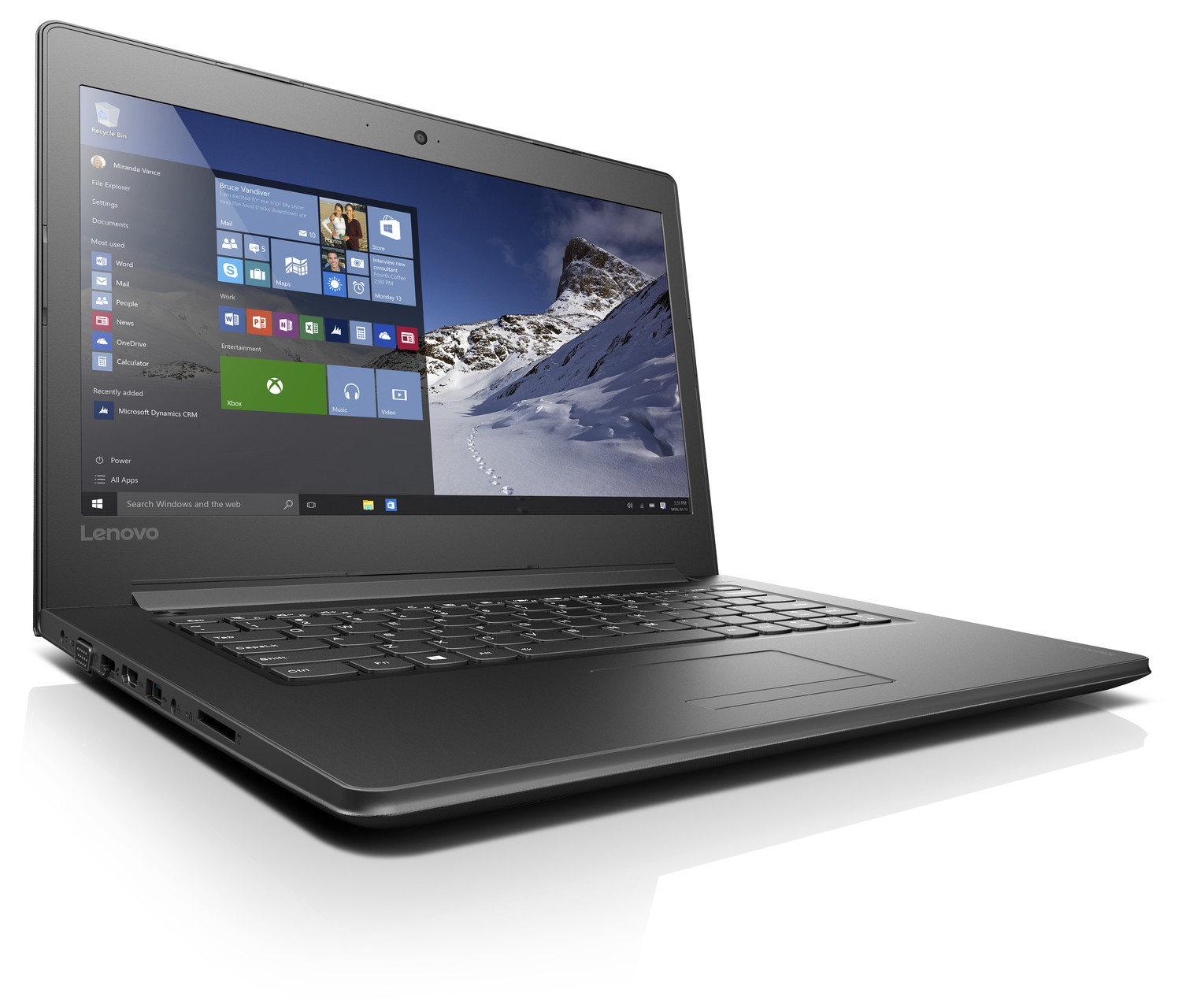Windows arayüzünü gösteren açık ekranlı siyah dizüstü bilgisayar. Beyaz arka plan.