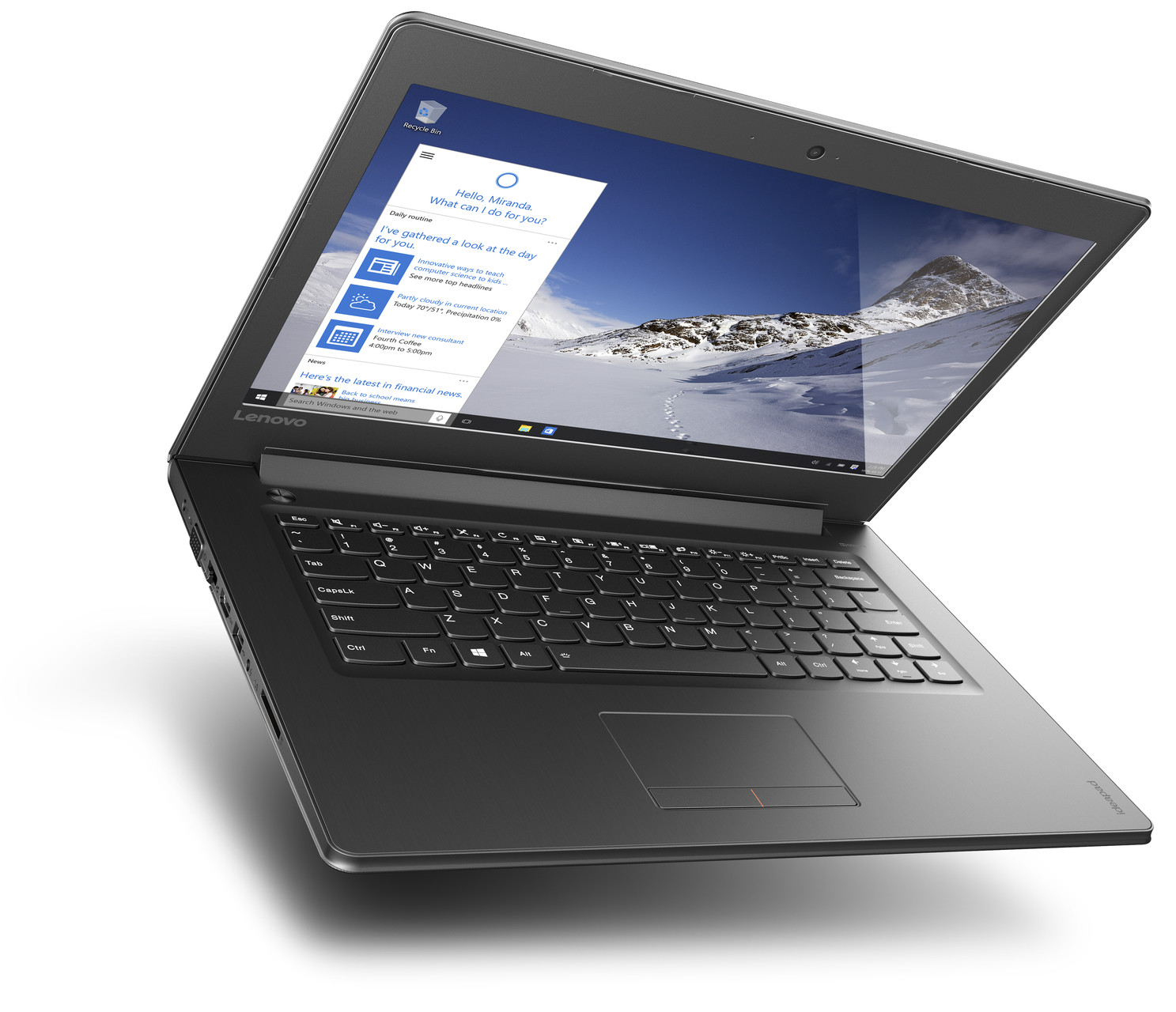 Açık bir ekranı olan siyah bir Lenovo dizüstü bilgisayar, bir Windows arayüzü ve bir dağ manzarası duvar kağıdı gösteriyor.