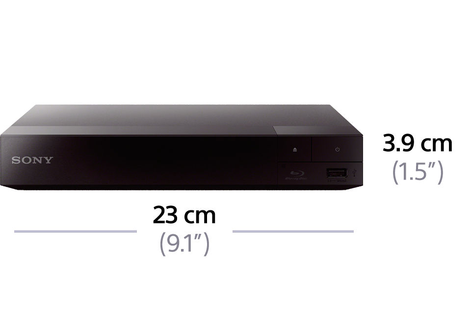 Schwarzer Sony Blu-ray-Player mit Abmessungen in Zentimetern und Zoll.