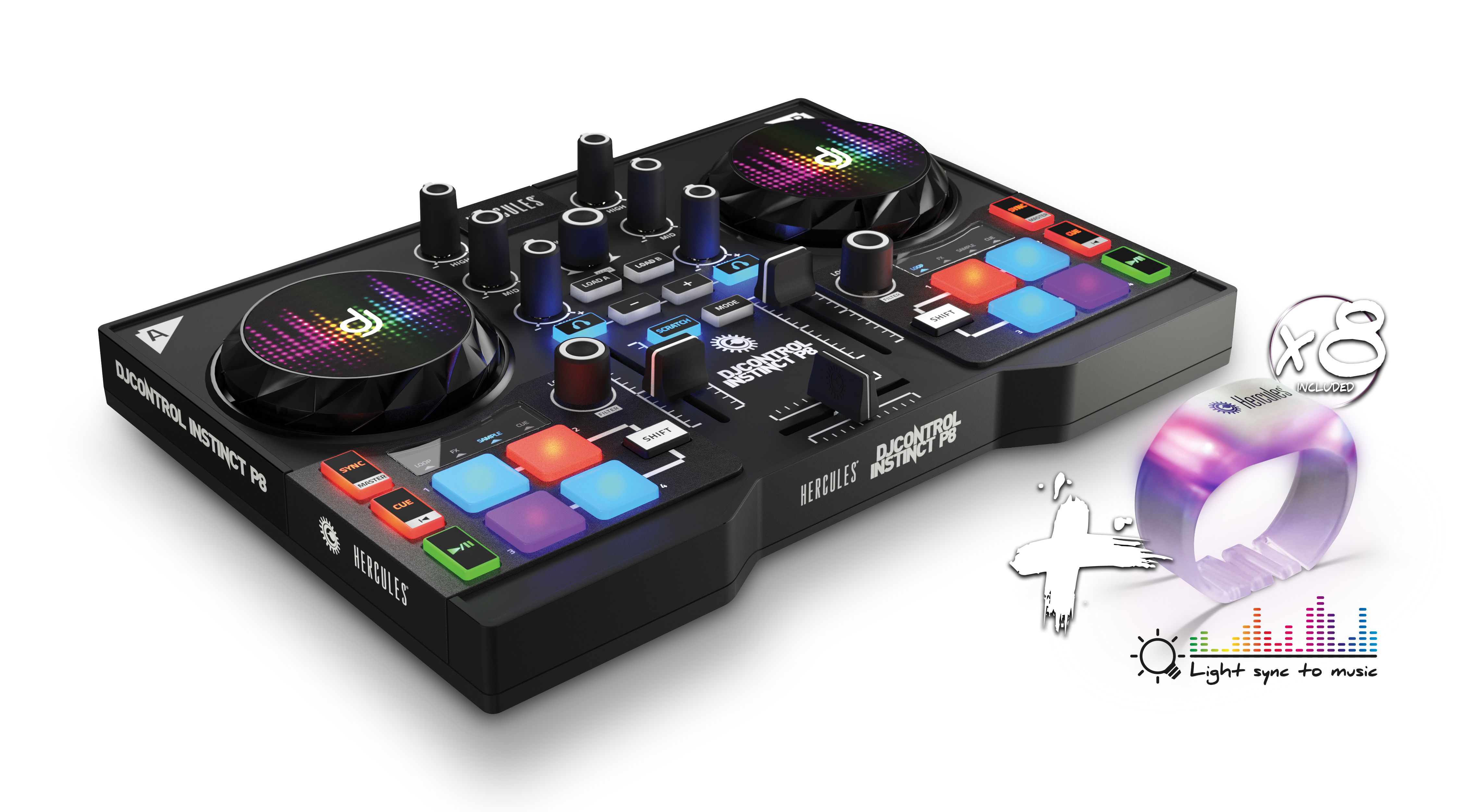 HERCULES DJ Control Instinct P8 Party Pack (8 Performance-Pads, integr. Soundkarte, 8 LED-Armbänder) 2-Deck DJ Controller, Schwarz