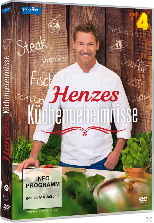 DVD-Cover von Henzes Küchengeheimnisse. Ein Koch steht mit Holzhintergrund und Essensillustrationen.