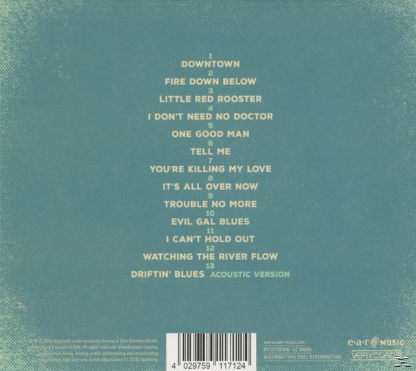 Rückseite einer CD mit einer Titelliste und einem blau-grünen Hintergrund.