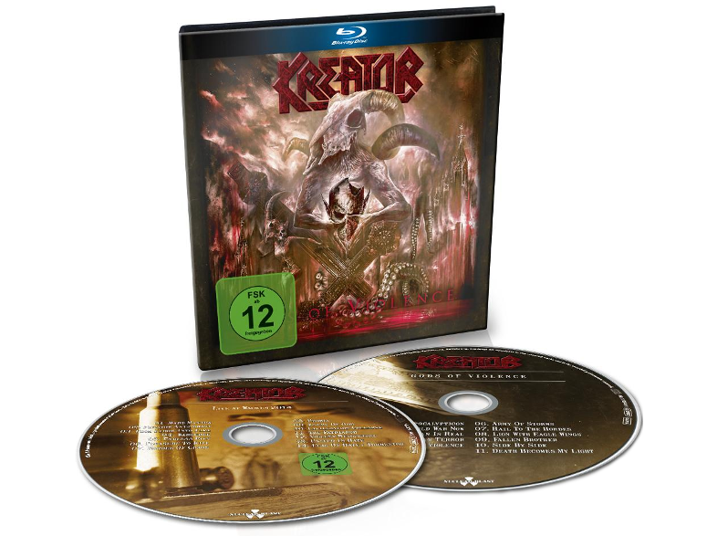Album borító Kreator 'Gods of Violence' albumához, két CD-vel. A borítón koponya látható.