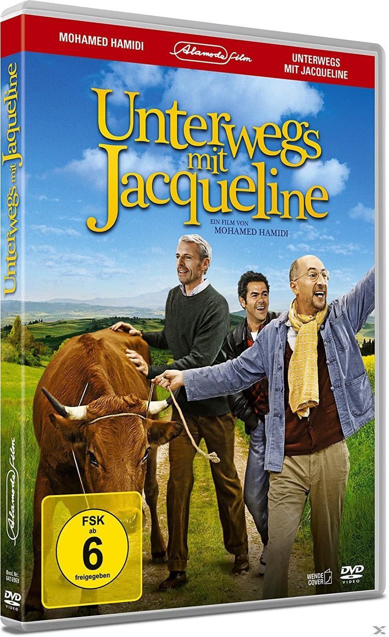 Film-DVD-Cover mit drei Männern, einer Kuh und dem Titel Unterwegs mit Jacqueline.