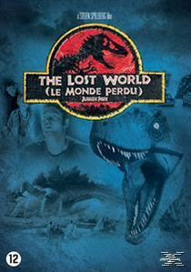 Couverture DVD, The Lost World : Jurassic Park. Squelette de dinosaure dans un cercle. Titre sur une bannière dorée. Fond bleu, tête de dinosaure.