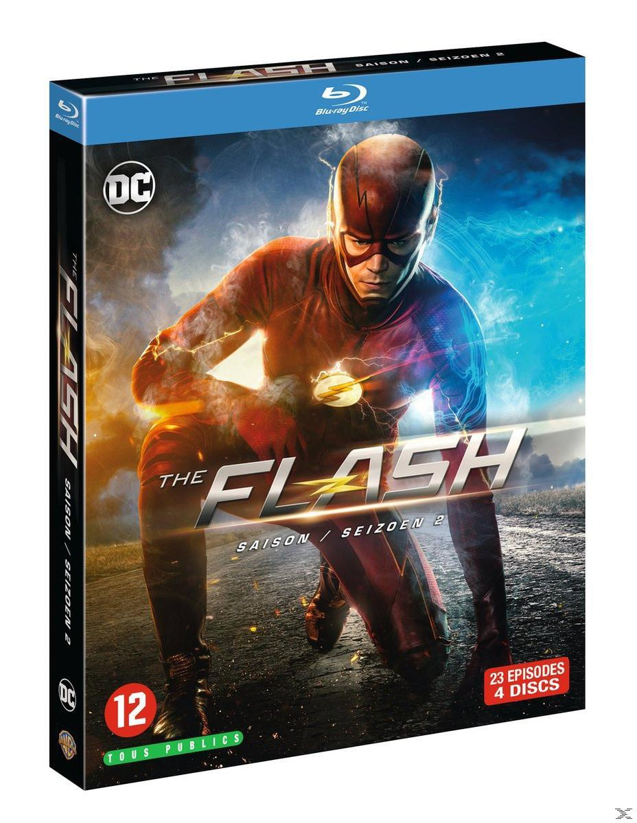 Couverture Blu-ray de la saison 2 de The Flash. Flash en pose de course avec un costume rouge. Fond bleu.