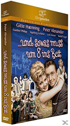 DVD-Cover: '... und sowas muss um 8 ins Bett' mit einem Paar und einer Gruppe von Leuten im Hintergrund.