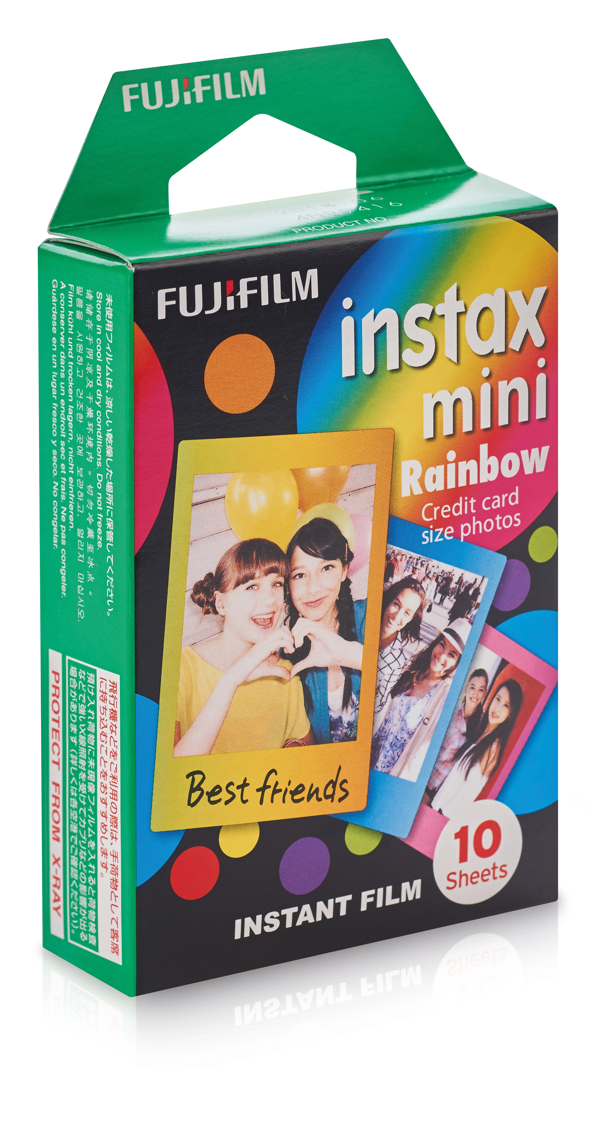 Schachtel mit Instax Mini Rainbow Film. Buntes Design. Foto von besten Freunden vorne.